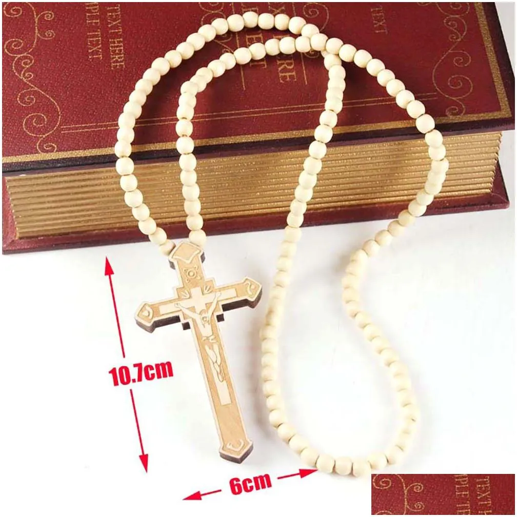 wooden cross pendant necklaces men christian religious wood crucifix charm rosary beads chains for women hip hop jewelry gift