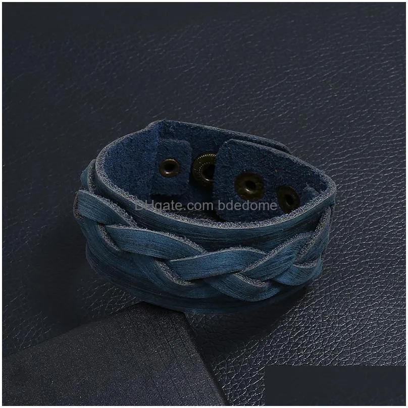 weave ethnic braid leather bangle cuff button adjustable bracelet wristand for men women fashion jewelry