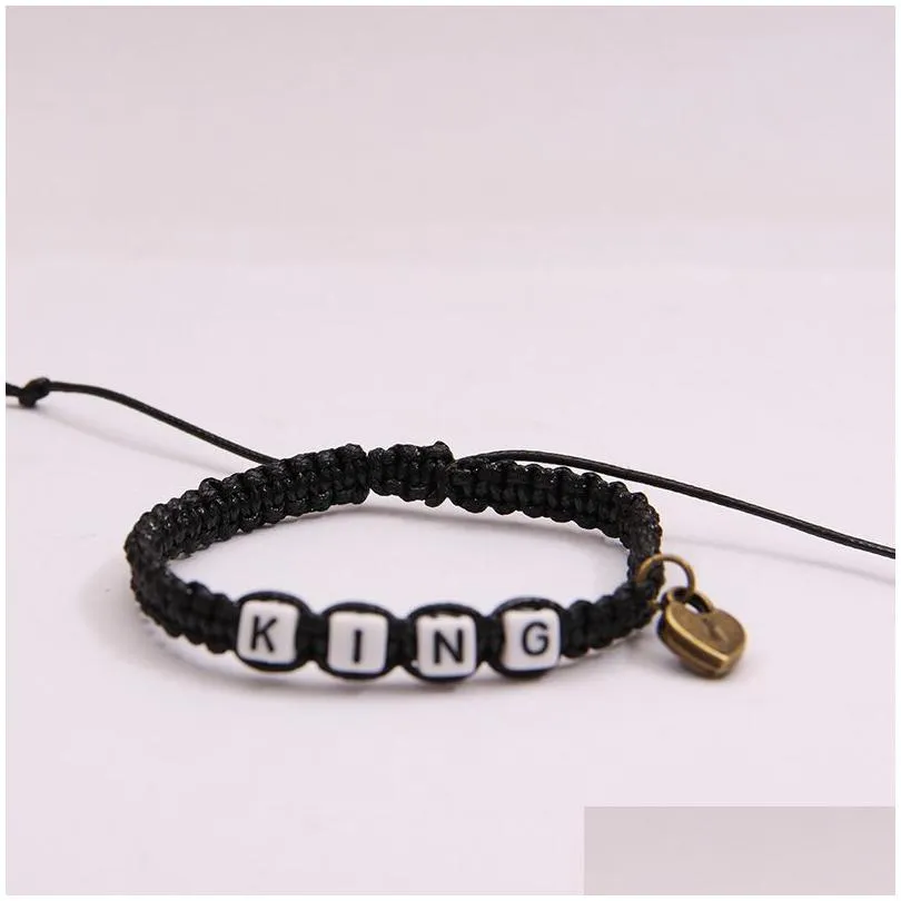 2pcs/lot her king and his queen charm couple bracelets for women men vintage key lock braided rope wrap bangle fashion lovers jewelry
