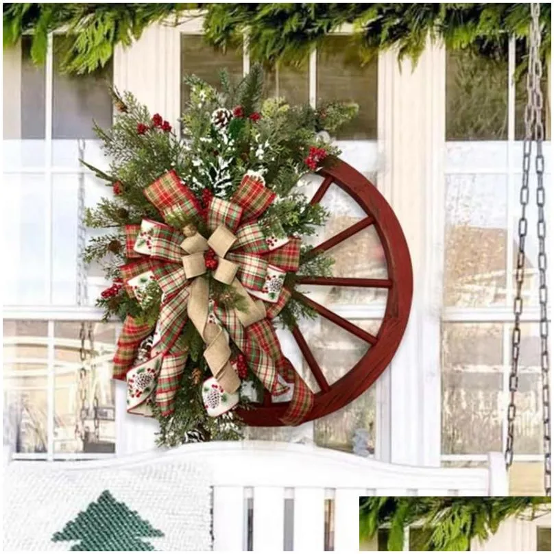 Decorative Flowers & Wreaths Xmas Wreath Universal Charming Wood Farmhouse Wagon Wheel Wooden Christmas For Winter Artificial Garlands