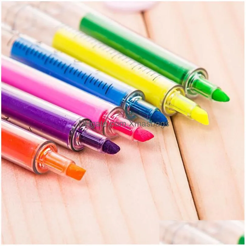 wholesale 150pcs 6 colors novelty nurse needle syringe shaped highlighter markers marker pen pens stationery school supplies
