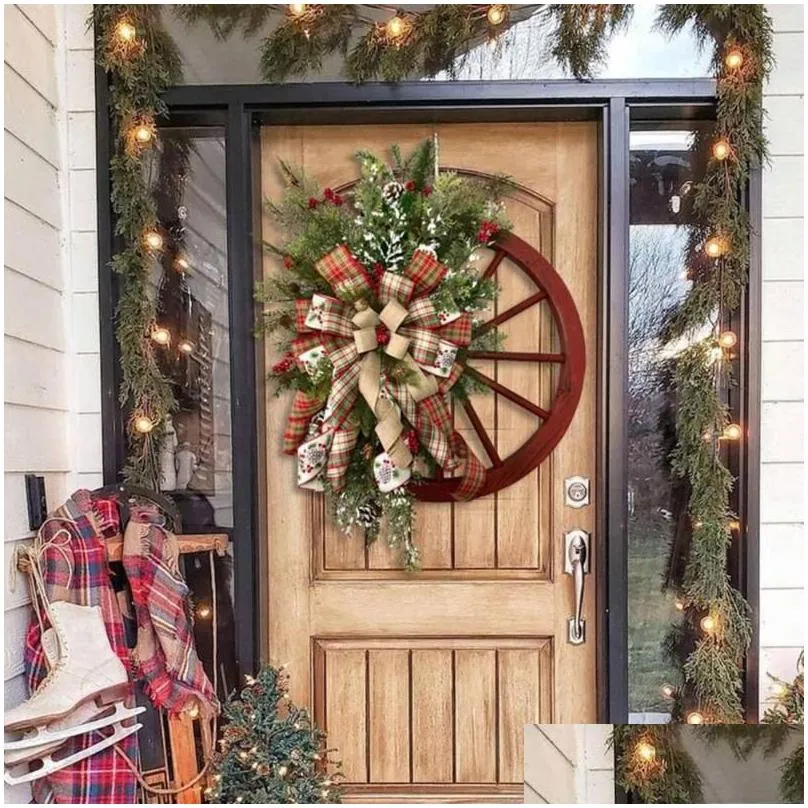 Decorative Flowers & Wreaths Xmas Wreath Universal Charming Wood Farmhouse Wagon Wheel Wooden Christmas For Winter Artificial Garlands