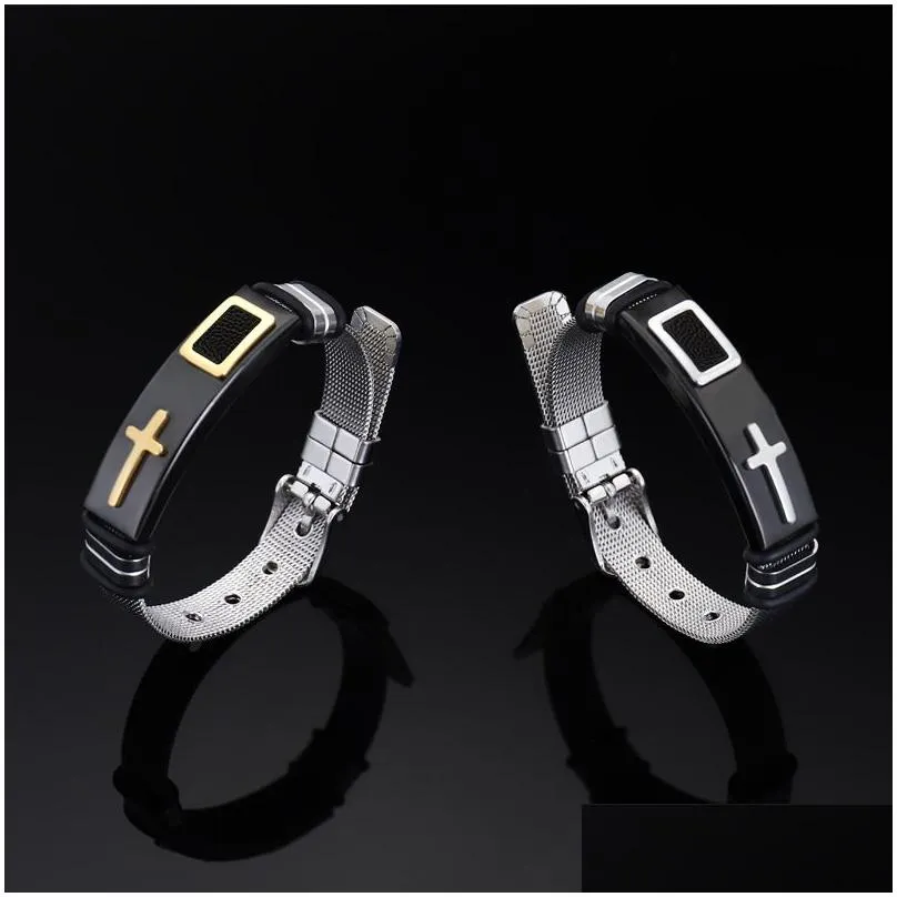 stainless steel gold cross charm silicone bracelets for men punk titanium steel crucifix watch buckle women wristband bangle fashion