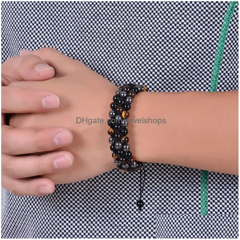 6mm natural stone yellow tiger eye black agate three layer bracelet wrap braided hematite gemstone bracelets bangle cuff wristband