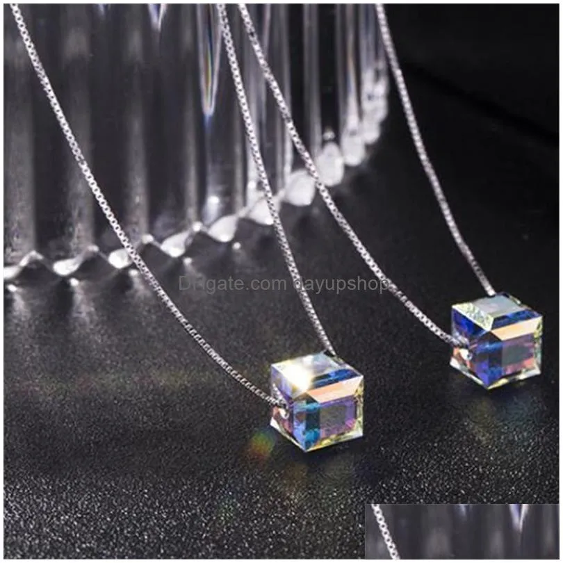 shining crystal necklace with sugar cube pendant necklace 925 sterling silver chain fashion jewelry accessories hg12