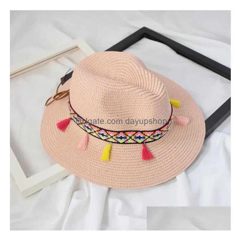 lady wide brim hat with colorful tassels summer women straw hat ethnic style beach hat outdoor sun protection panama hats