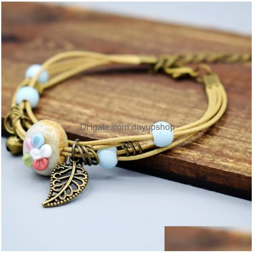 fashion vintage hand-knitted bracelet china ceramic pendant beaded bracelet women irregular flower shape polymer clay pendant bracelet