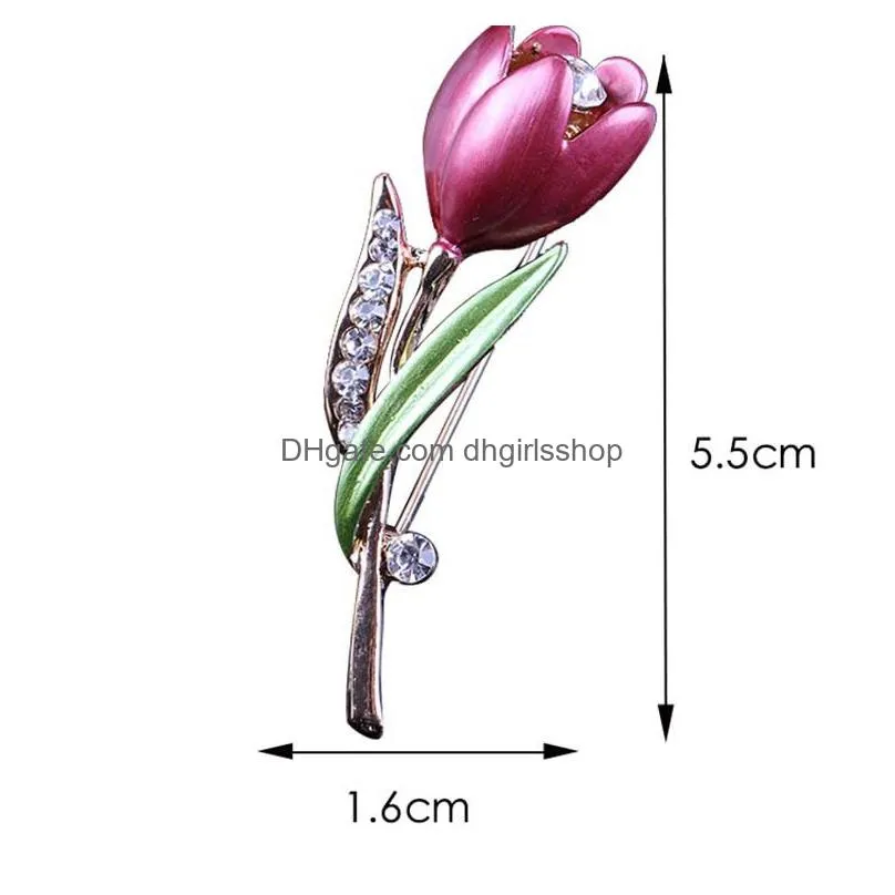 update diamond flower tulip brooch pins enamel brooches corsage lapel pin wedding fashion jewelry for women