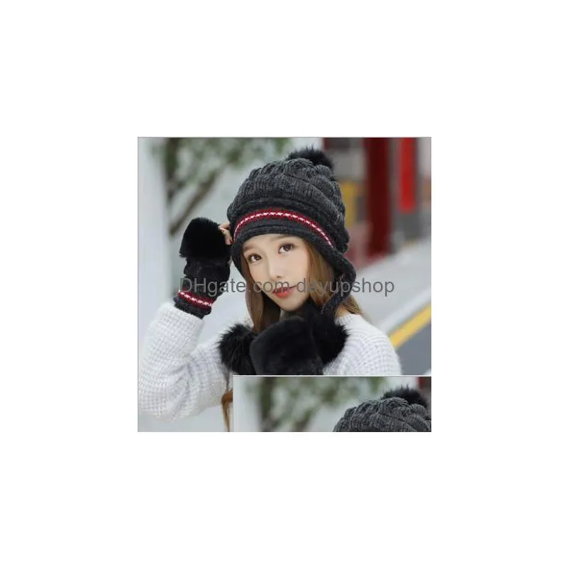 1set women knit hat gloves sets skull cap solid casual pompom beanie suit wool caps winter outdoor warm hat girlfriend christmas gifts