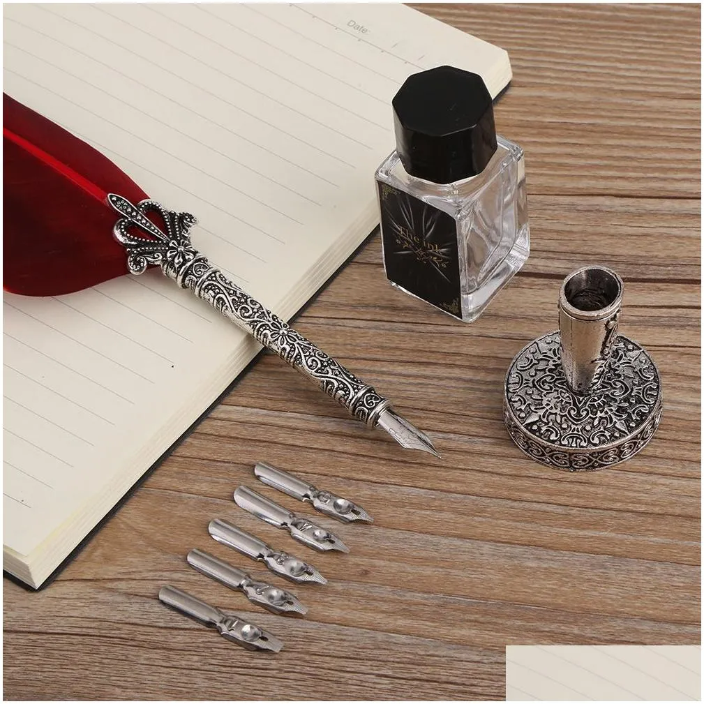 1 Set English Calligraphy Feather Dip Quill Pen Writing Ink Set Stationery Gift Box With 5 Nibs Red Wedding Gift Quill Pen