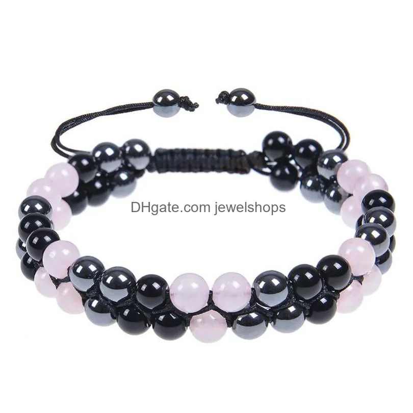 6mm 8mm rose quartz hematite obsidian double layer braided bracelet natural stone crystal couple adjustable bracelets bangle cuff