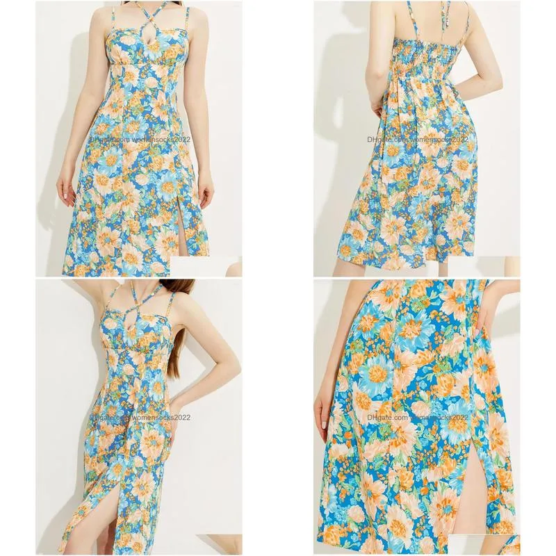 casual dresses suspender slit split elegant ditsy floral print dress slim temperament mid-length womens clothing