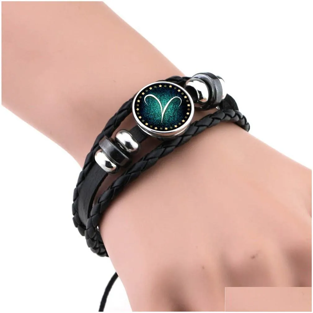 fashion twelve horoscope braided rope leather bracelet vintage black beaded 12 zodiac charm bracelets for women&men diy punk jewelry