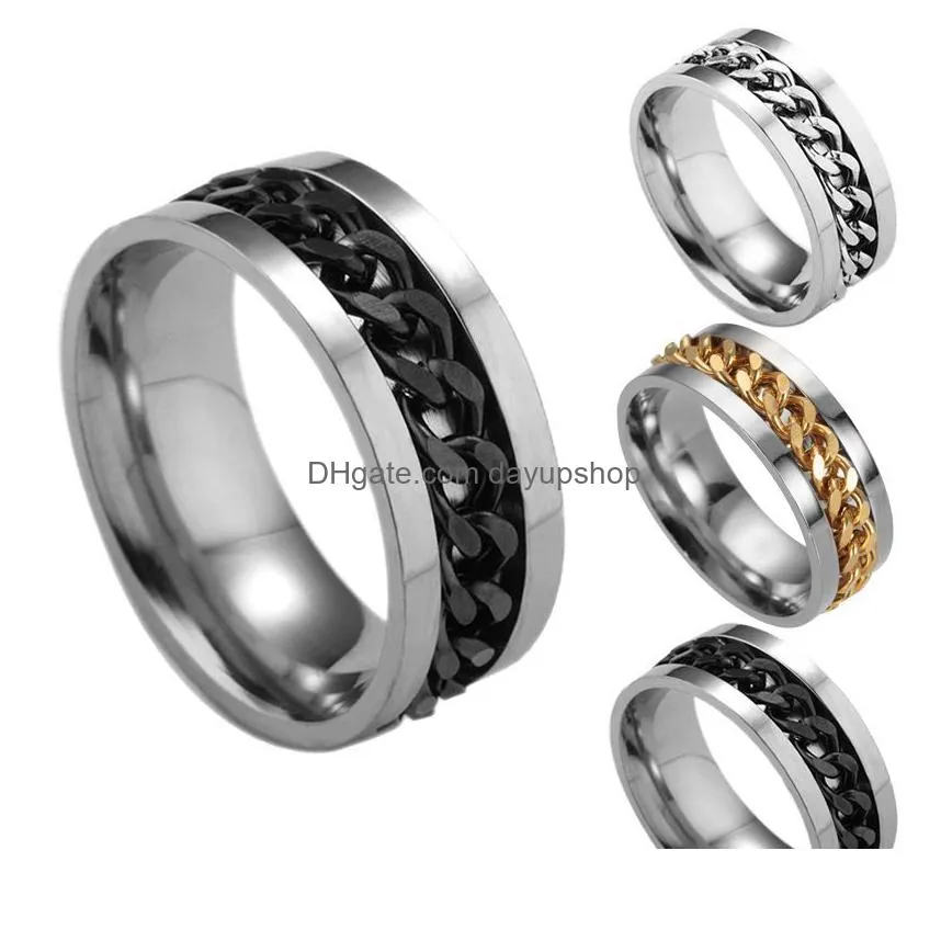 punk spinner chain ring personality 5 colors stainless steel chain rotable rings for man women size 6-12