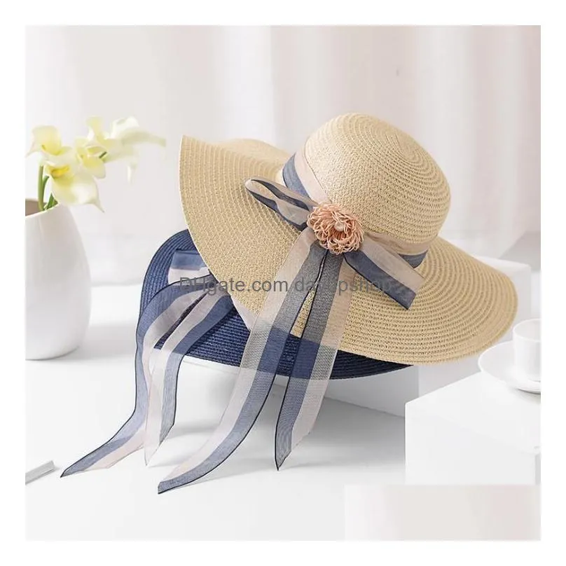 women bowknot wide brim hats folding straw hats beach hats long ribbon sun cap lady topee sunhat for dpring summer