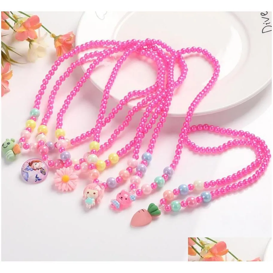 Pearl Pendant Necklace kids Girl Cartoon Animal Fruit Heart Cheery Necklaces Children Jewelry pink white birthday present