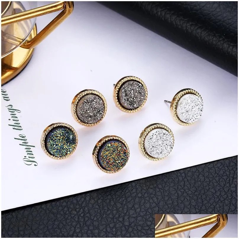new resin druzy stud earrings for women simple circle stone gold earring female fashion jewelry gift in bulk