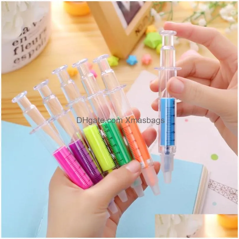 wholesale 150pcs 6 colors novelty nurse needle syringe shaped highlighter markers marker pen pens stationery school supplies