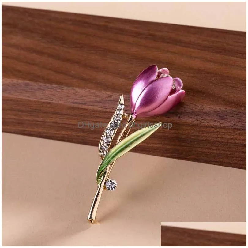 update diamond flower tulip brooch pins enamel brooches corsage lapel pin wedding fashion jewelry for women