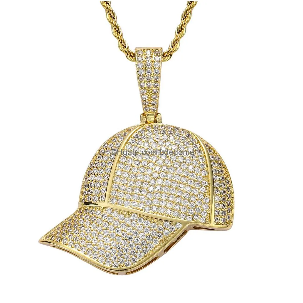 18k gold cubic zirconia baseball hat necklace jewelry set bling diamond hip hop summer hats pendant necklaces women men stainless steel chain will and sandy