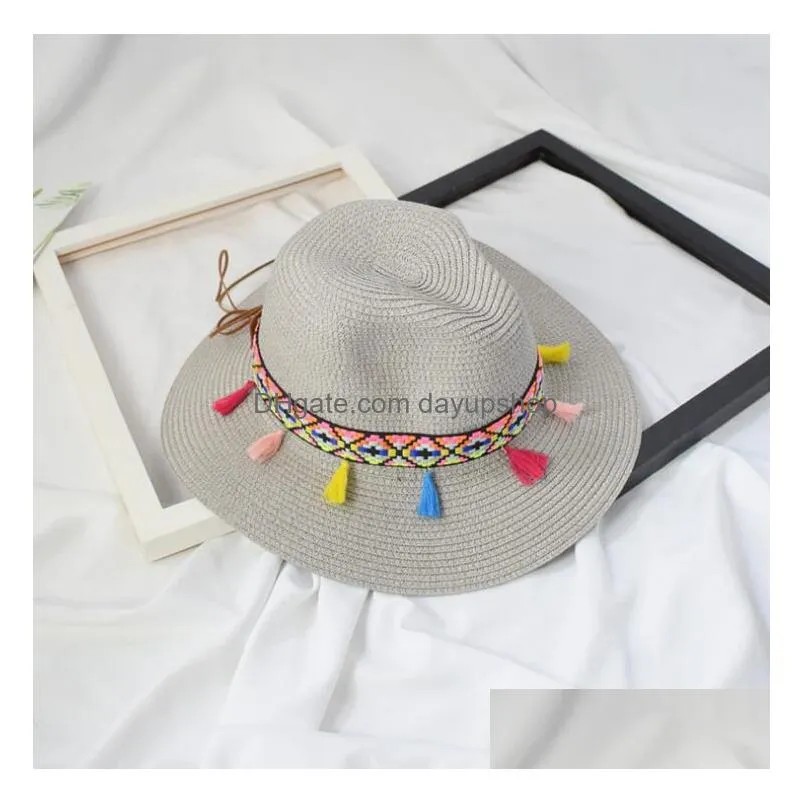 lady wide brim hat with colorful tassels summer women straw hat ethnic style beach hat outdoor sun protection panama hats