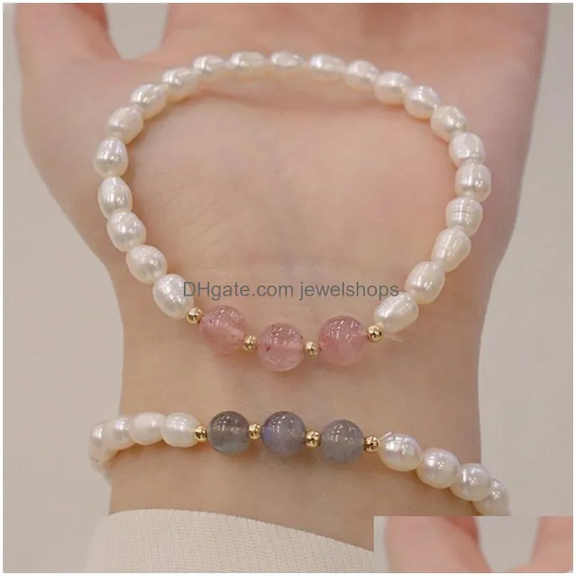 natural freshwater pearl bracelet strawberry quartz crystal labradorite beaded bracelet fof women girls fine jewelry