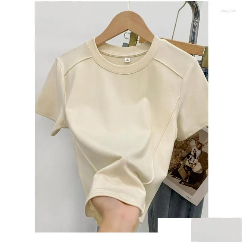 Women`s T Shirts Solid Color Round Neck Short Sleeve Slim T-shirt Women 2023 Summer Foreign Air Age Reduction Tops