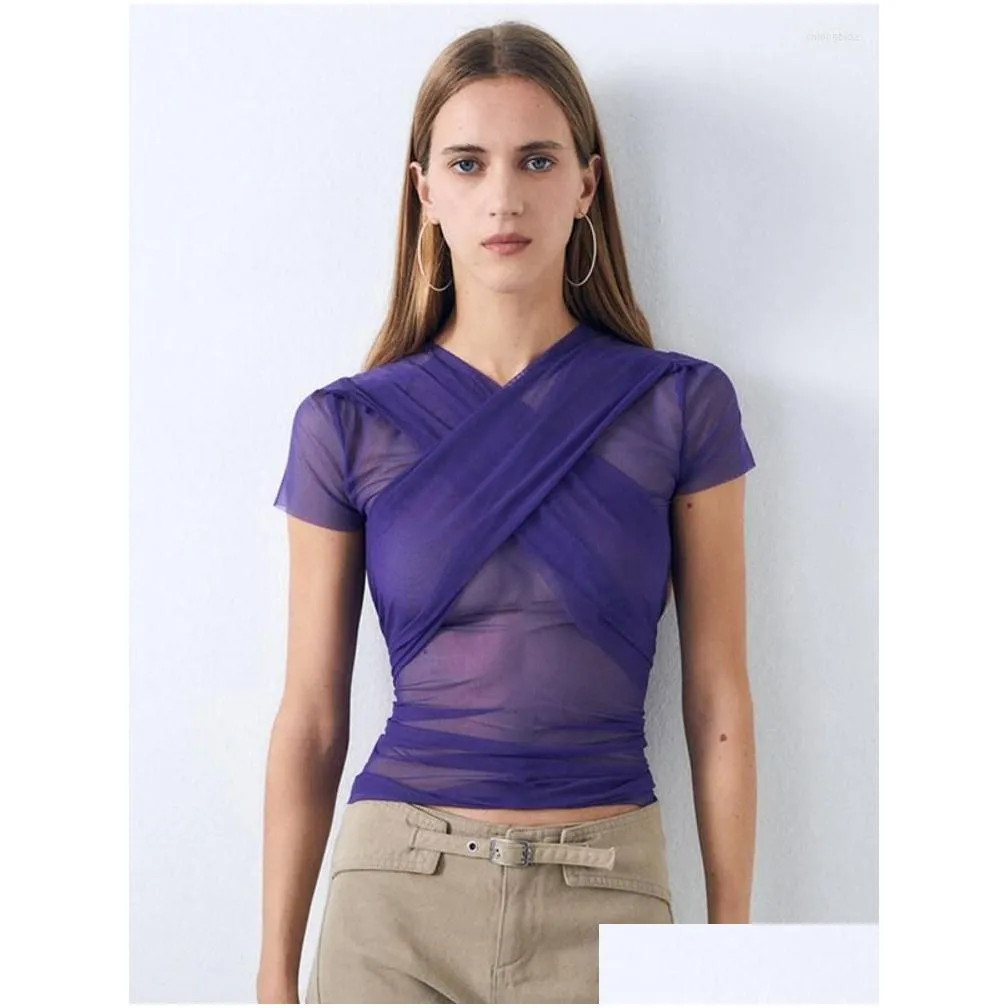 Women`s T Shirts Mesh See Through Shirt Women Cross Strap Slim Crop Top Short Sleeve Aesthetic Clothes Purple Solid Streetwear Ropa De