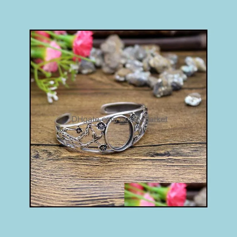 Art Deco 18x22mm Oval Cabochon Semi Mount Bangle 925 Sterling Silver Fashion Vintage Antique Women Flower Fine Silver