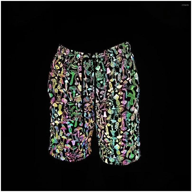 Men`s Shorts Rainbow Color Mushroom Reflective Mens Harajuku Hip Hop Short Pants Colorful Night Reflect Light Bermuda Masculina