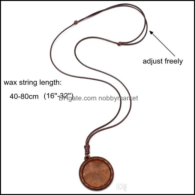 Wood Pendant Tray Setting fit 30mm Glass Cabochon Neckalce Making Adjustable Wax Thread String Vintage Handmade Necklaces DIY Gift
