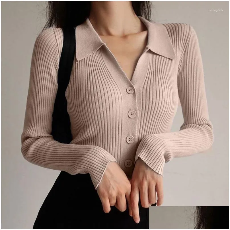 Women`s Knits Women Sexy V Neck Turn-down Knitted Cardigan Sweater Chic Slim Solid Color Buttons Y2k Tops Autumn Winter Korean Clothes