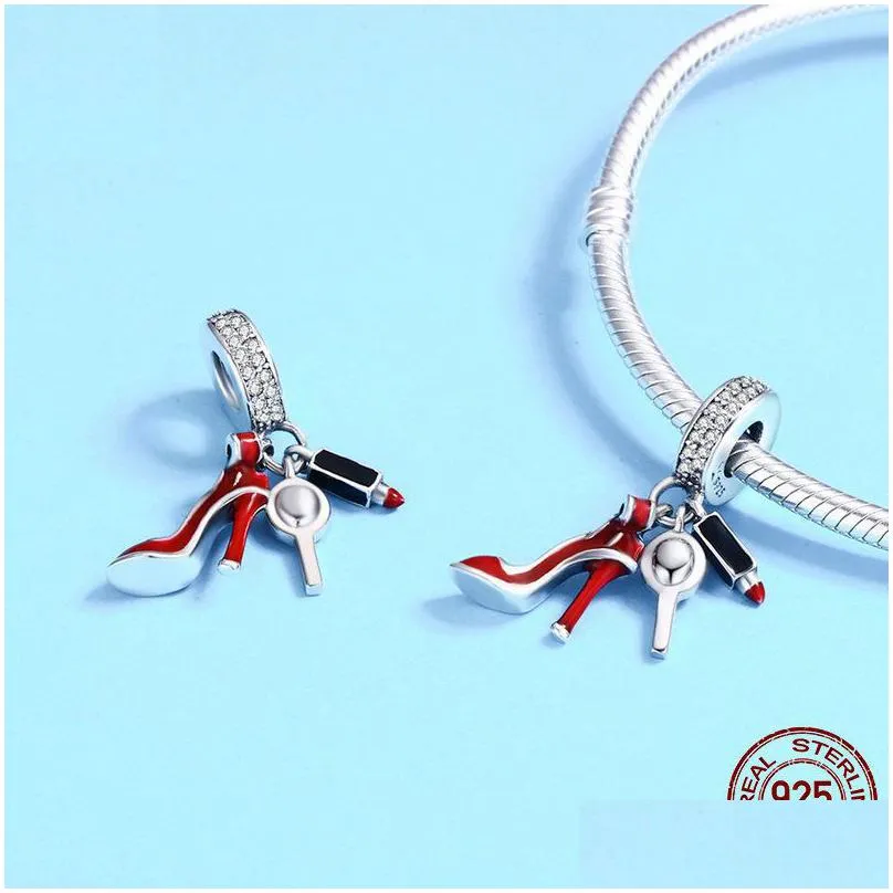 100% 925 sterling silver women red high heels shoes mirror makeup pendant charm cz spacer beads fit bracelet diy jewelry gift