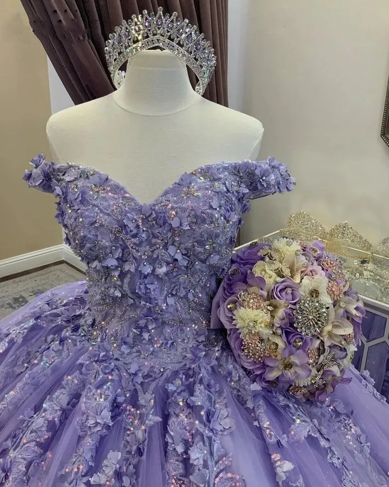 2023 Quinceanera Ball Gown Dresses Lilac Off Shoulder Lace Appliques Beads With Hand Made Flowers 3D Floral Plus Size Prom Evening Gowns Corset Back