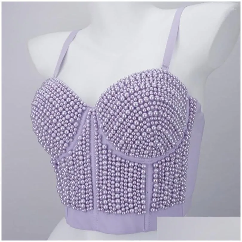 Women`s Tanks Luxury Pearl Beading Camisole Women Night Club Party Sexy Female Backless Cropped Tops Push Up Bustier Bra Tube Top