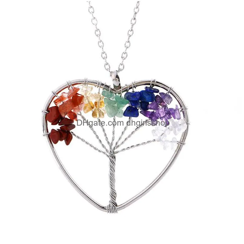 update chakra nateral stone tree of life necklace crystal heart pendant women necklaces fashion jewelry