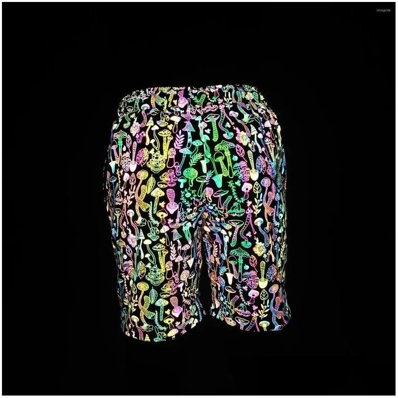 Men`s Shorts Rainbow Color Mushroom Reflective Mens Harajuku Hip Hop Short Pants Colorful Night Reflect Light Bermuda Masculina