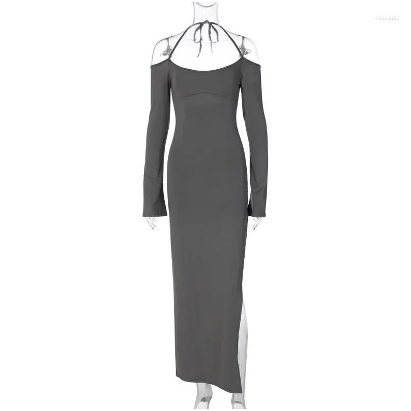 Casual Dresses Autumn Long Sleeve Backless Maxi For Women Sexy Halter Neck Slit Elegant Dress Evening Club Party 2023