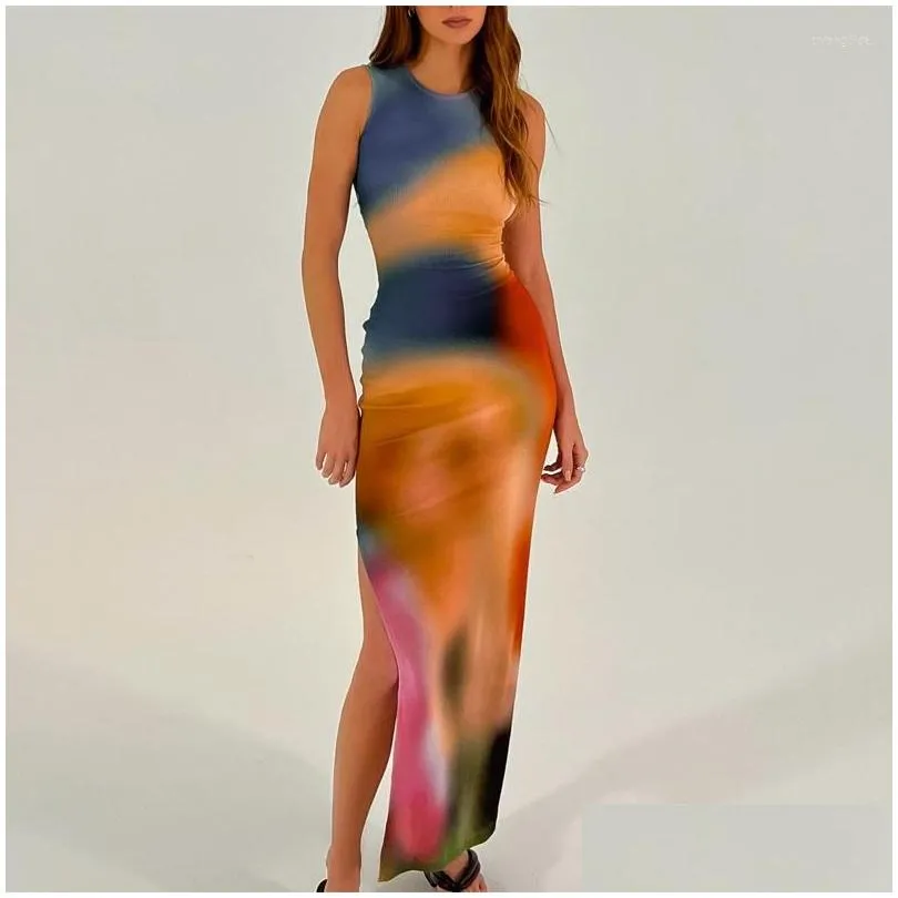 Casual Dresses 2023 Women Tie Dye Kendall Same Style Sleeveless Bodycon Maxi Dress Streetwear Vacation Summer Y2K Side Slit Outfit