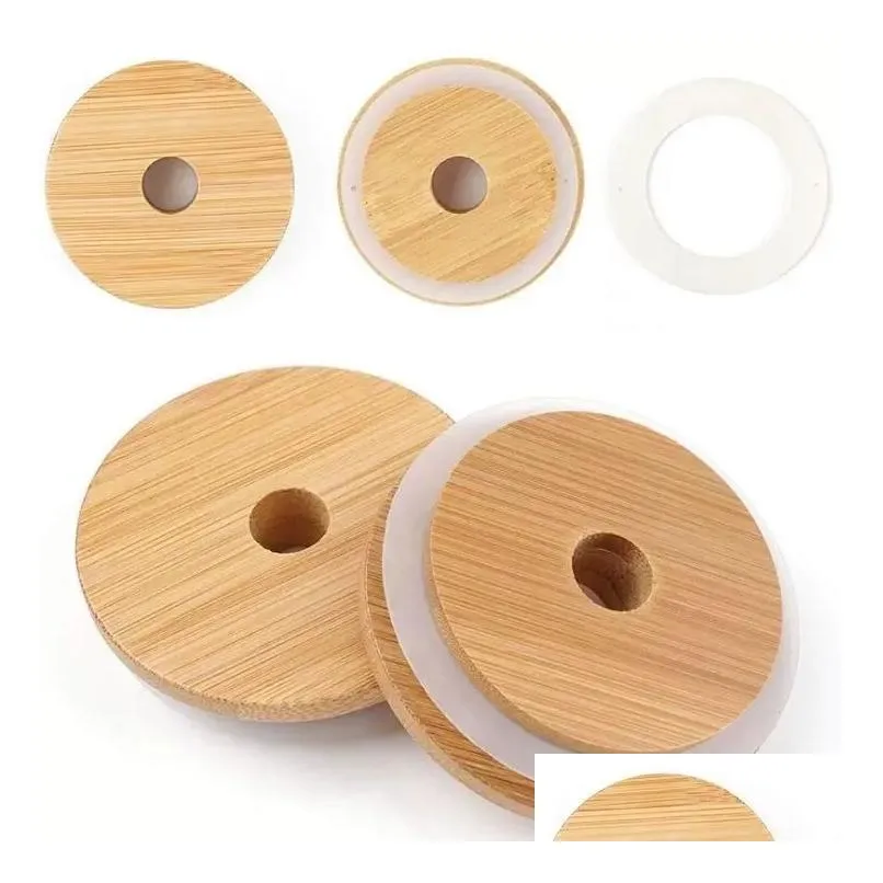 bamboo glass cup lids 70mm 88mm reusable wooden with straw hole and silicone seal dhs delivery