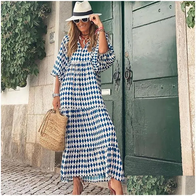 Casual Dresses Puff Sleeve Boho Maxi Dress Elegant Women Summer 2023 Floral Drawstring V-Neck Loose Holiday Beach Party Vestidos