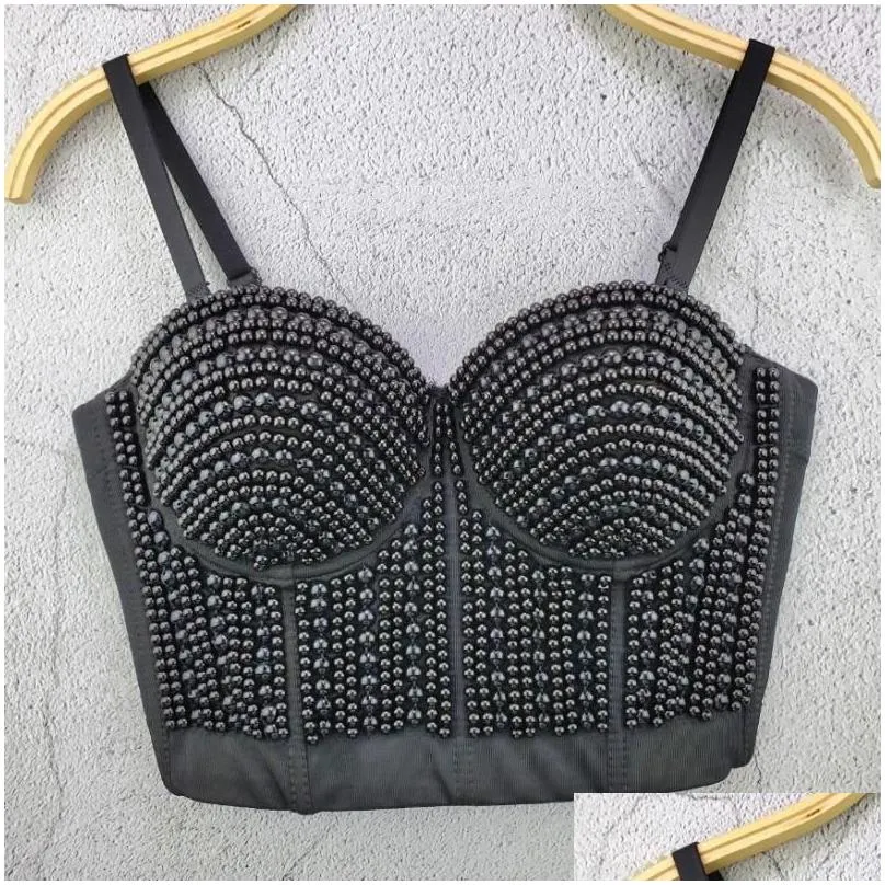 Women`s Tanks Luxury Pearl Beading Camisole Women Night Club Party Sexy Female Backless Cropped Tops Push Up Bustier Bra Tube Top