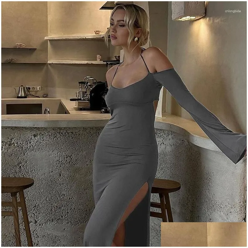 Casual Dresses Autumn Long Sleeve Backless Maxi For Women Sexy Halter Neck Slit Elegant Dress Evening Club Party 2023