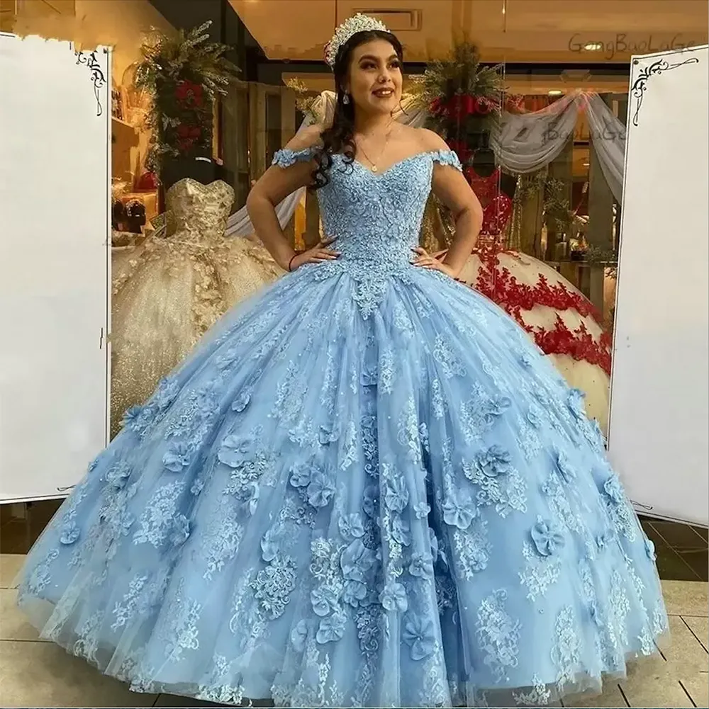 Gorgeoues Light Blue Quinceanera Dresses Off the Shoulder with 3D Floral Applique Sweep Train Tulle Custom Made Sweet 16 Pageant Party Princess Ball Gown vestidos