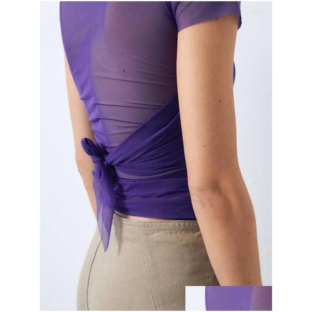 Women`s T Shirts Mesh See Through Shirt Women Cross Strap Slim Crop Top Short Sleeve Aesthetic Clothes Purple Solid Streetwear Ropa De