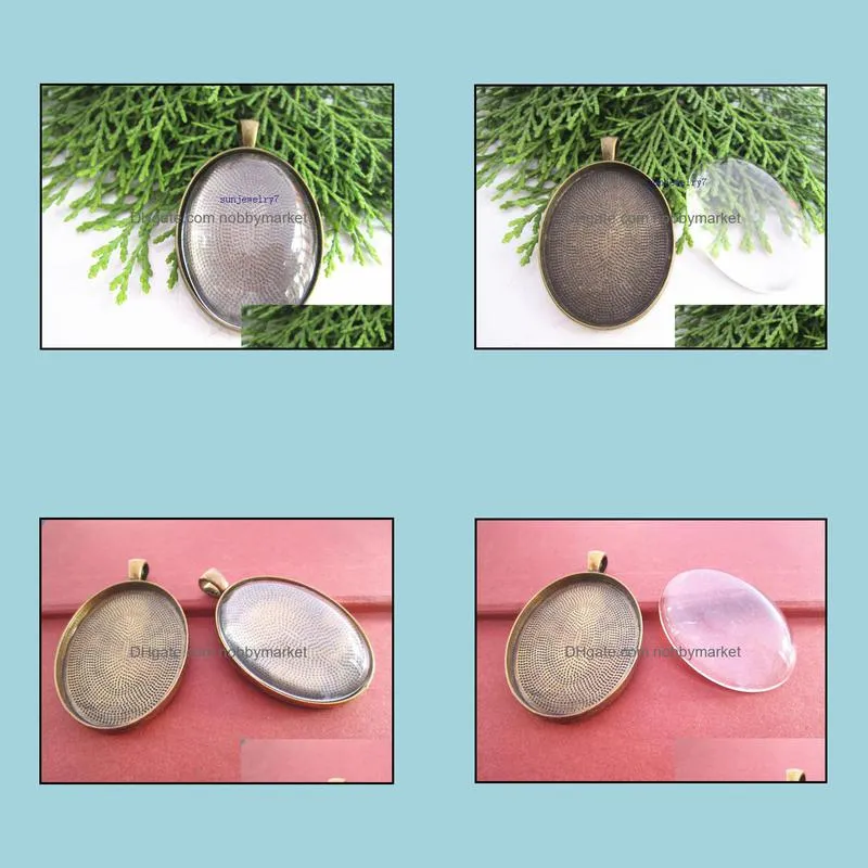 30mmx40mm Antique Bronze and antique gold Oval Pendant Trays with Glass Cabochons 20set/lot