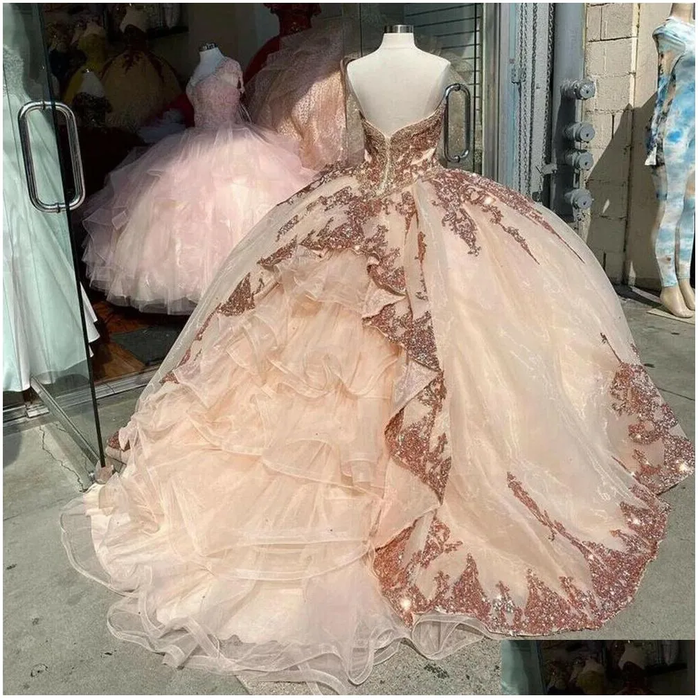 Rose Gold Quinceanera Dresses Charro Sweetheart Puffy Ball Gown Sweet 2023 Sequined Corset Prom