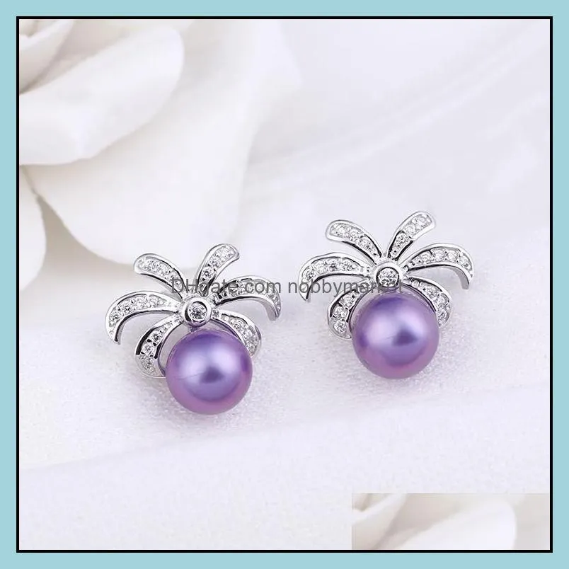 Silver Settings Summer Fashion Design 925 Sterling Palm Tree Pearl Stud Earings Mounting 5 Pairs