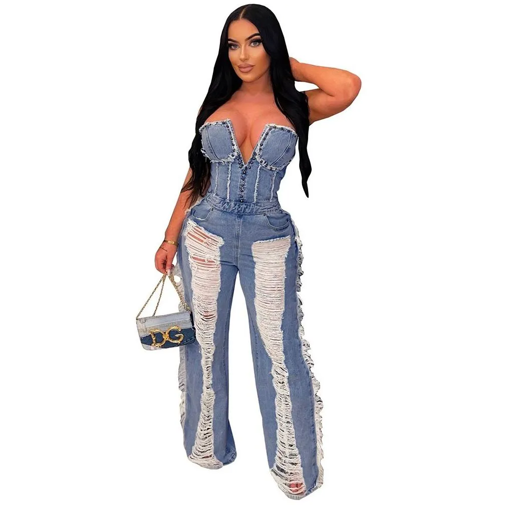 Women`s Jeans Flare Leg Jeans 2023 Hollow Solid Out Sexy Club Strapless Sleeveless High-end Ripped High Waist Wide Leg Jumpsuits