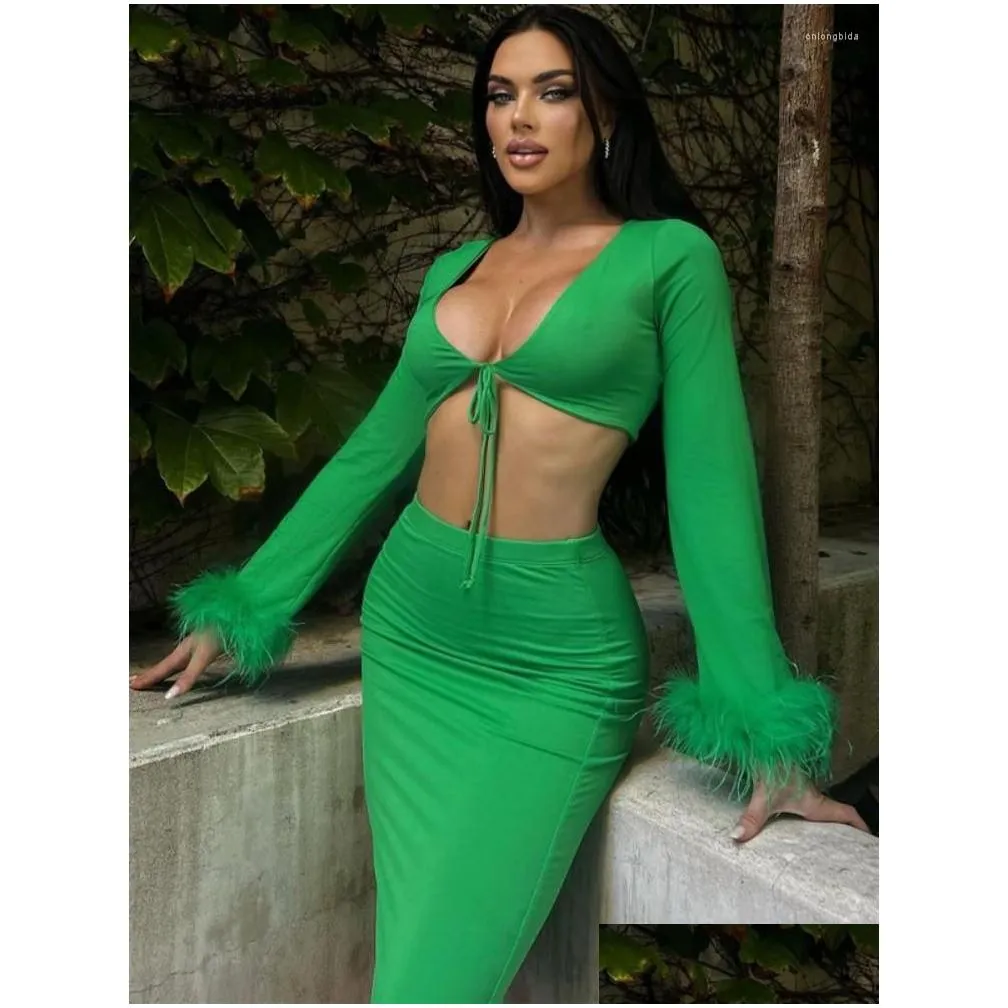 Work Dresses Drawstring Ruched Wrap Top And Skirt Outfits For Women Green Party Club 2 Piece Sets Split Matching Tie Up